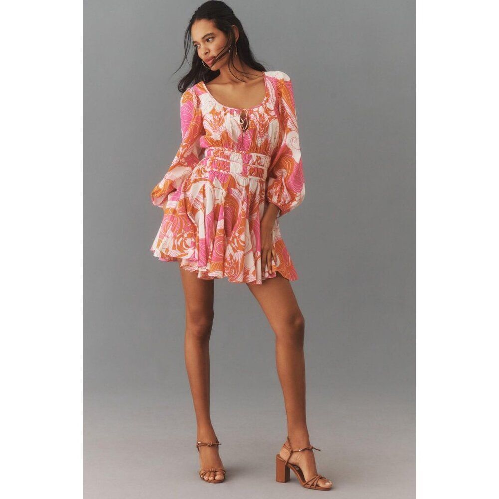 Nwt Rhode Leona Mini Dress Size Medium Pink Deco Cotton Long Sleeve